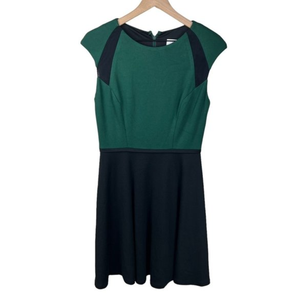 Belle Badgley Mischka Womens Green Black Mesh Insert Fit And Flare Knit Dress 4